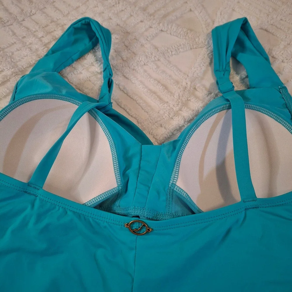 JANTZEN Women 14 One‎ Piece Swimsuit Blue Surplice Wrap Tummy Control Ruching
